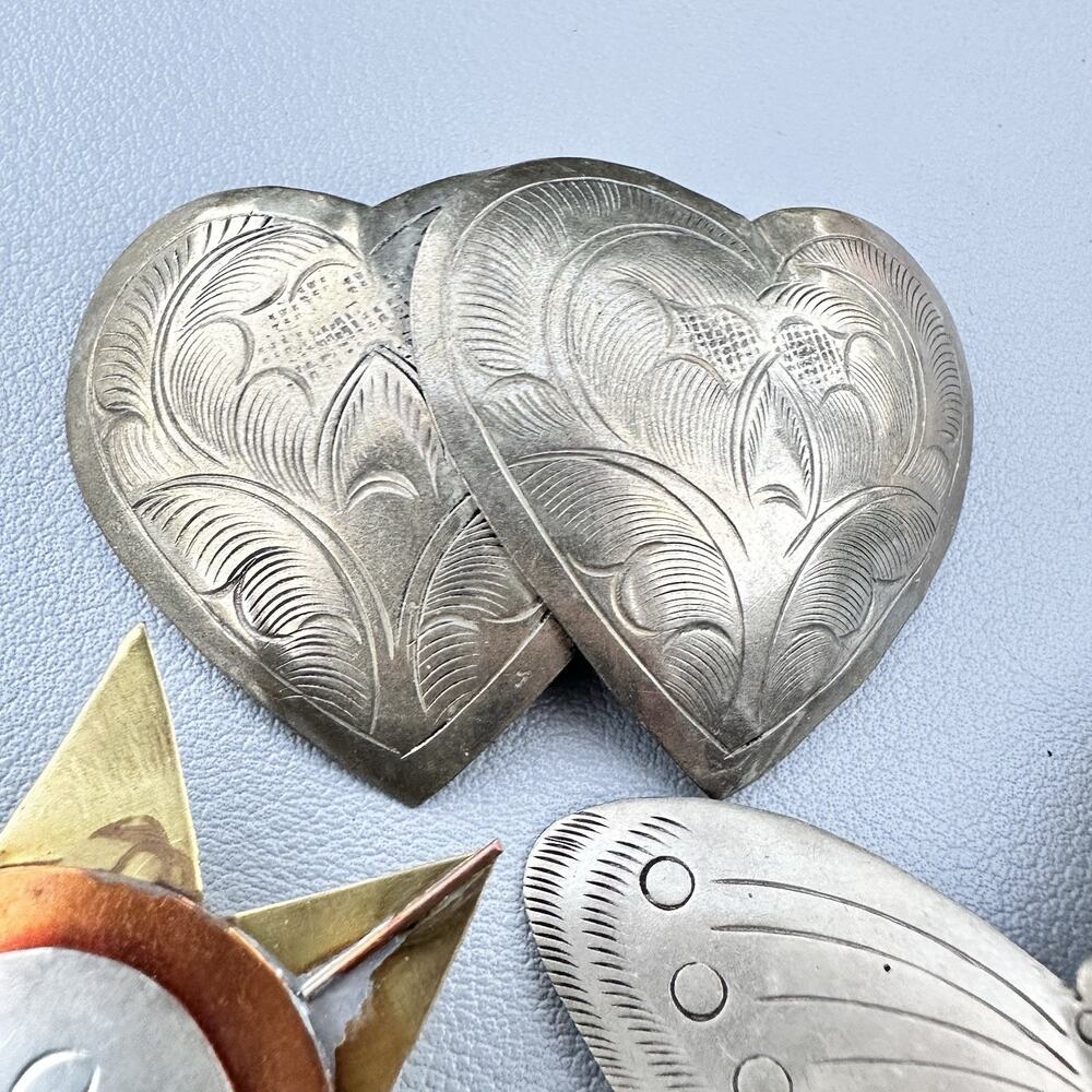 Vintage Sun Face Brooch Silver Tone Mixed Metal Butterfly Heard Southwest Lot - Picture 4 of 6